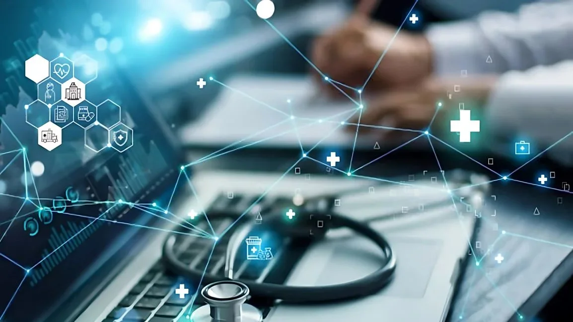 Open laptop with data iconography superimposed