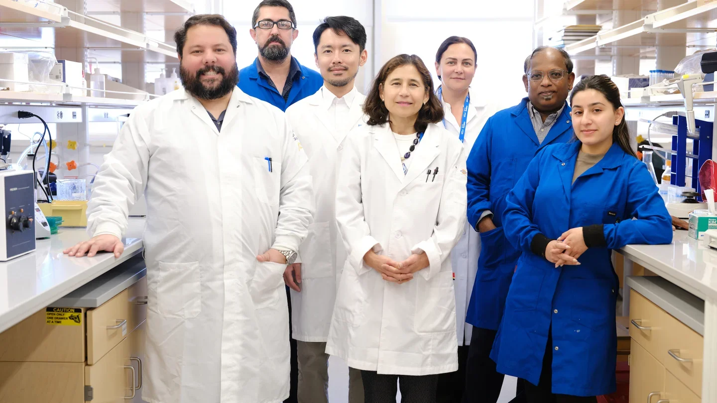 Seven people in lab coats