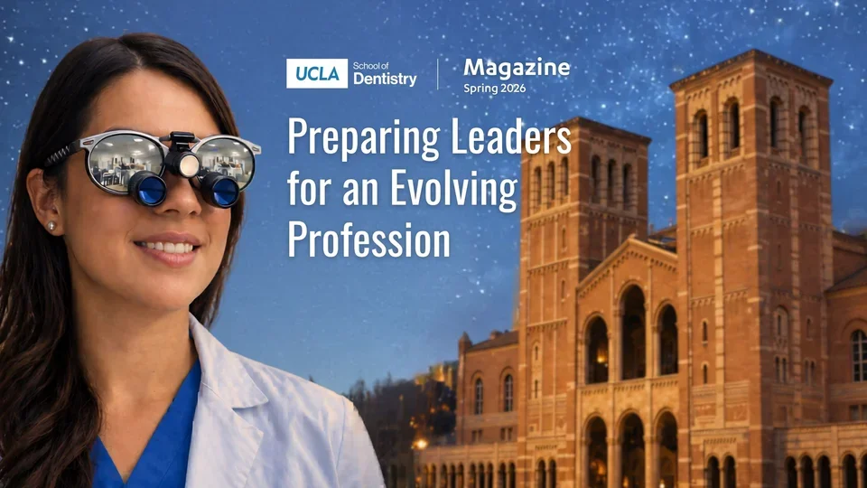 UCLA Dentistry student wearing magnification loupes in front of Royce Hall at dusk, representing advanced dental education and clinical training at UCLA.
