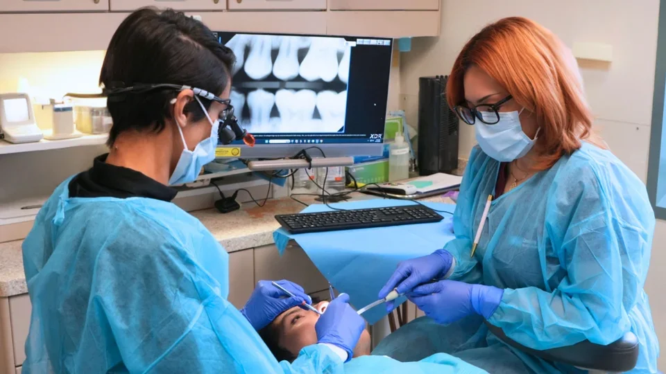  dentist and dental assistant in blue medical gowns treating a patient. An x-ray of teeth is visible on the screen in the background