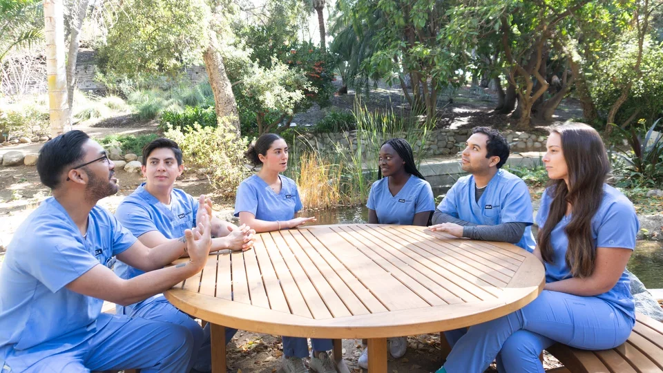 group of six dental students conversing at a table