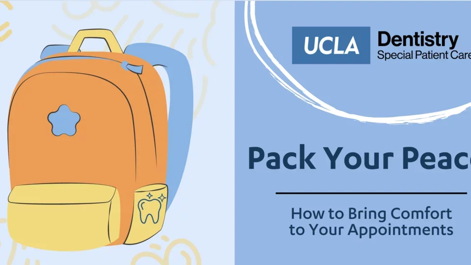 Backpack associated with brochure about packing comfort items for healthcare appointments