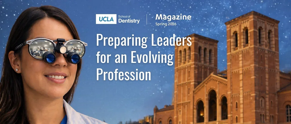 UCLA Dentistry student wearing magnification loupes in front of Royce Hall at dusk, representing advanced dental education and clinical training at UCLA.