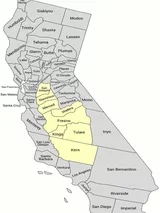 Map of California by Counties. San Joaquin, Stanislaus, Merced, Madera, Fresno, Kings, Tulare, and Kern Counties are highlighted yellow.
