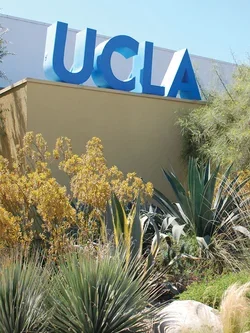 The front of the Venice Dental Clinic features UCLA signage on top of the building, with plants arranged in front.