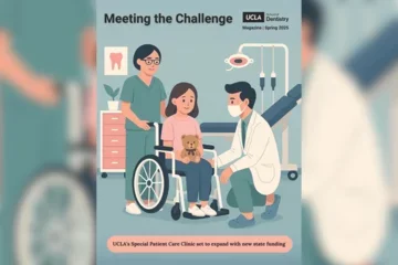 artwork of dentist in white coat kneeling to meet patient sitting in wheelchair