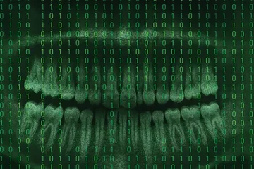 An neon grreen dental x-ray with binary numbers across the page.