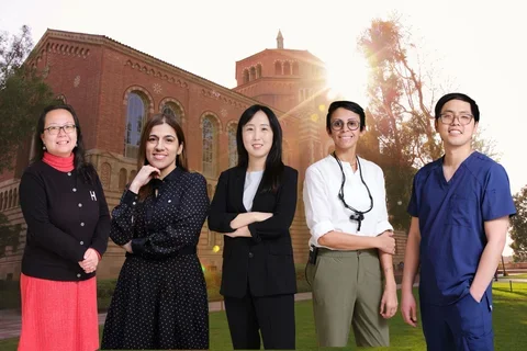 Group portrait of five UCLA Dentistry faculty standing on campus, representing diverse leadership in dental education and patient care innovation.