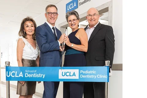 From left to right, Dr. Oariona Lowe, PD ’84, MPH ’16, Dr. Paul Krebsbach, dean of the UCLA School of Dentistry, Dr. Daniela Silva, chair of pediatric dentistry, and Dr. Mark Lisagor ’73, PD ’77.