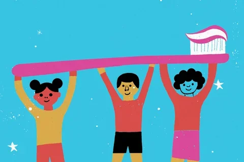 Illustration of three kids with a toothbrush