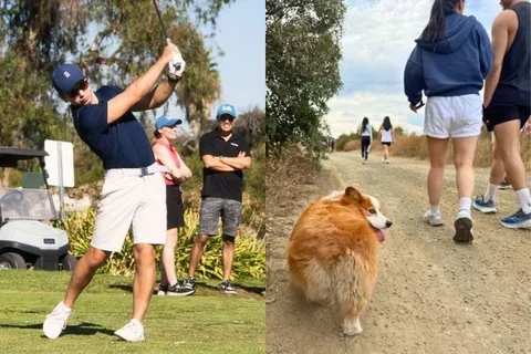 Split screen image of golfer, and a corgi