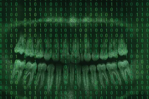 An neon grreen dental x-ray with binary numbers across the page.
