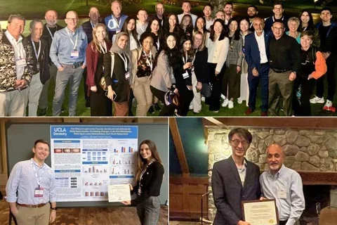 Collage of UCLA orthodontists, including group photo, award presentation, and poster presentation.