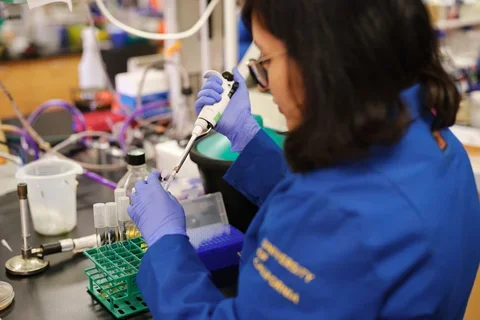 Researcher in blue lab coat using pipette 