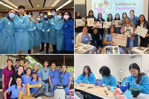 collage of four photos, all containing people in dental scrubs