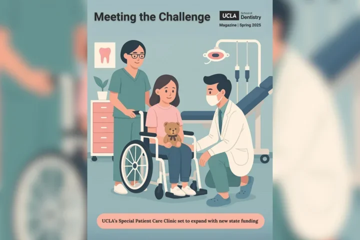 artwork of dentist in white coat kneeling to meet patient sitting in wheelchair
