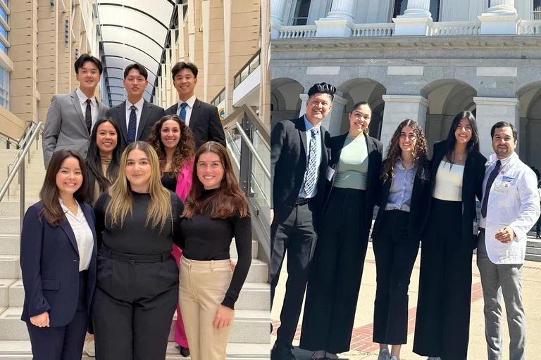 Split screen of two groups of UCLA dental students in business attire, one on steps and the other in front of the California state capitol