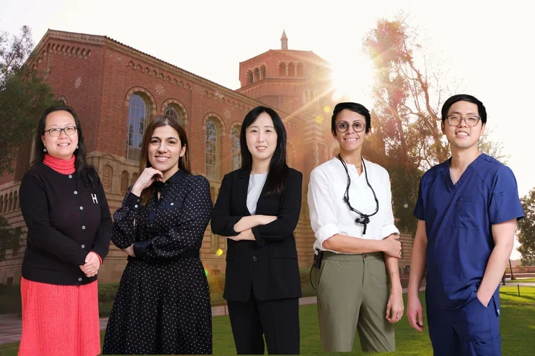 Group portrait of five UCLA Dentistry faculty standing on campus, representing diverse leadership in dental education and patient care innovation.