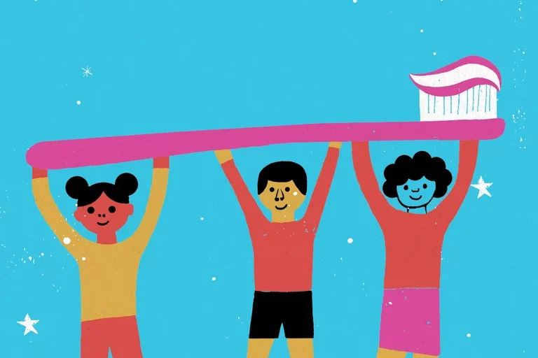 Illustration of three kids with a toothbrush