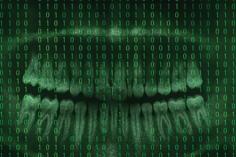 An neon grreen dental x-ray with binary numbers across the page.