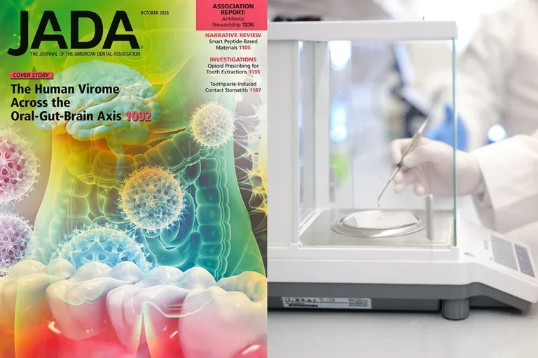 cover of October 2026 JADA issue on left with lab equipment on the right