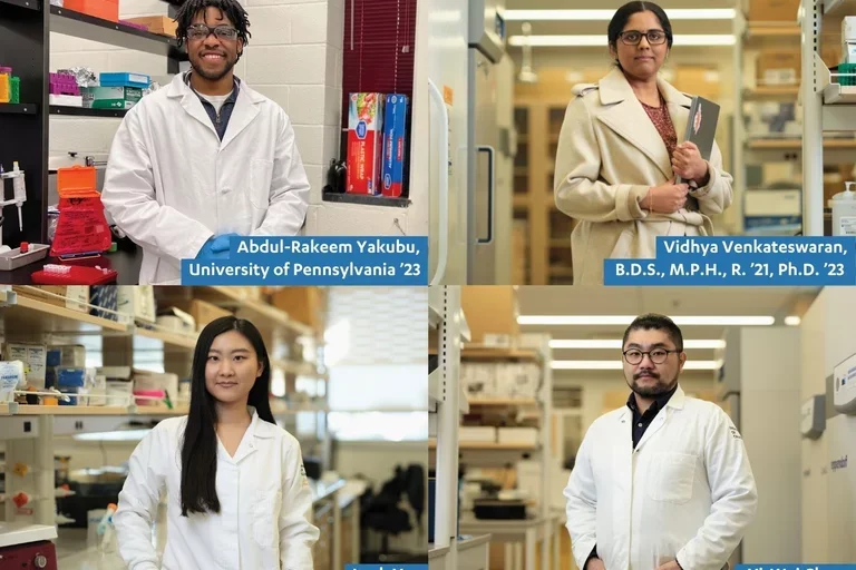 A grid of four researchers in white lab coats