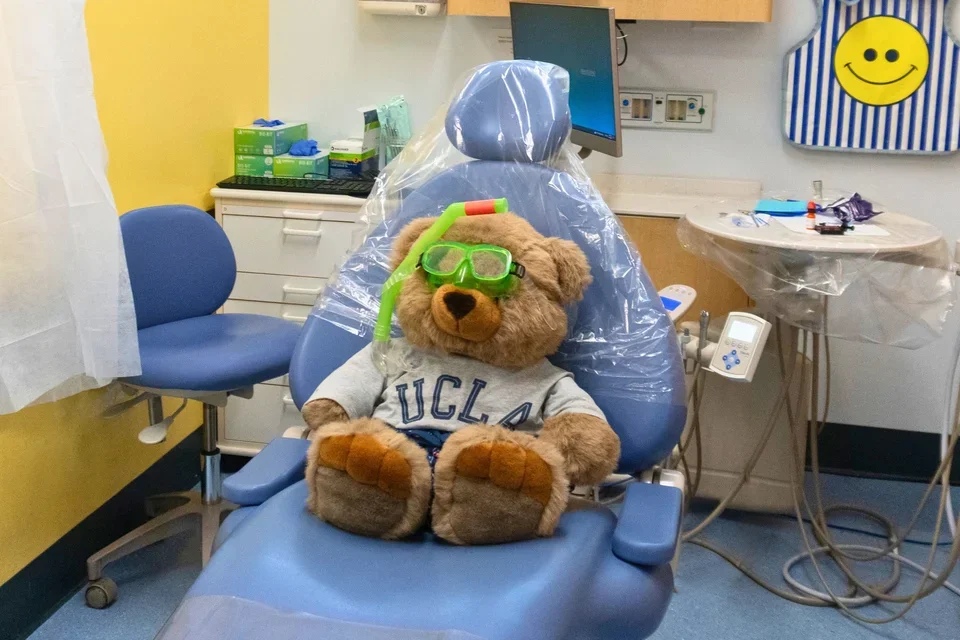 teddy bear, wearing goggles and a UCLA t-shirt, sitting in a dentist's chair