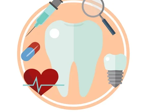 tooth graphic surrounded by small dental symbols