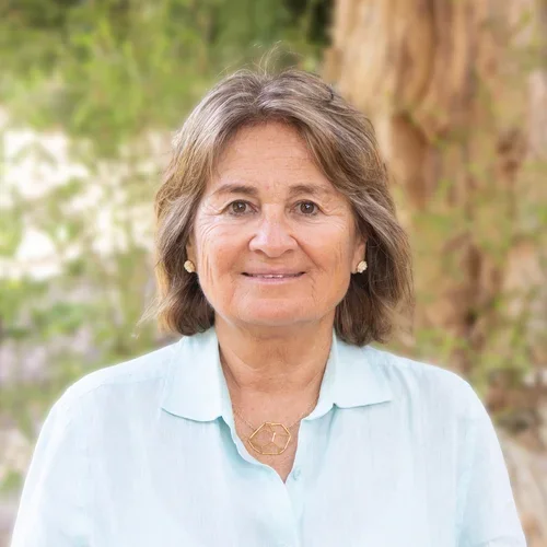 Dr. Diana Messadi wearing a light blue button-up shirt. She also has a gold necklace with a geometric pendant and small gold stud earrings.