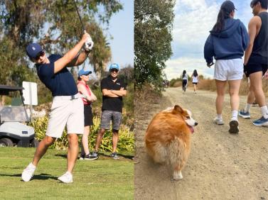 golfer on left, corgi and hikers on right