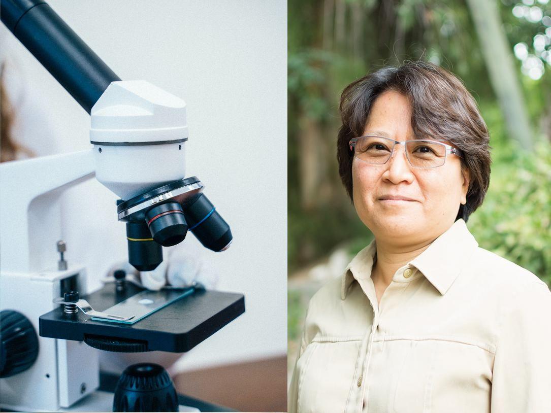 A microscope next to Dr. Yi-Ling Lin