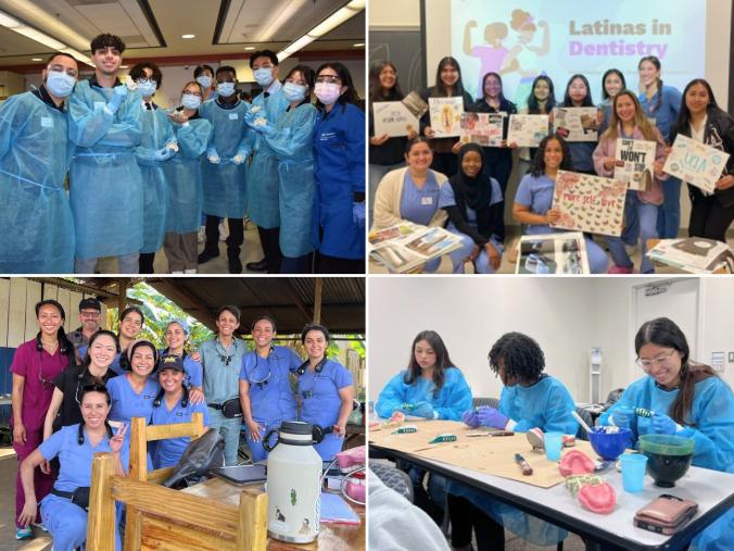 collage of four photos, all containing people in dental scrubs