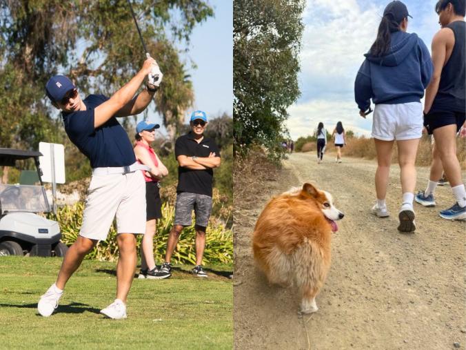 golfer on left, corgi and hikers on right