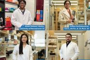 A grid of four researchers in white lab coats