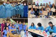 collage of four photos, all containing people in dental scrubs