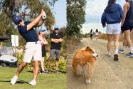 golfer on left, corgi and hikers on right