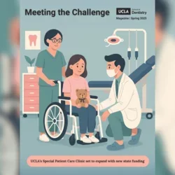 artwork of dentist in white coat kneeling to meet patient sitting in wheelchair