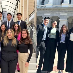 Split screen of two groups of UCLA dental students in business attire, one on steps and the other in front of the California state capitol
