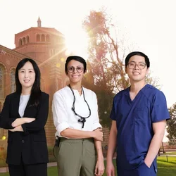 Group portrait of five UCLA Dentistry faculty standing on campus, representing diverse leadership in dental education and patient care innovation.