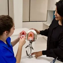 A dental assistant student being trained on a typodont
