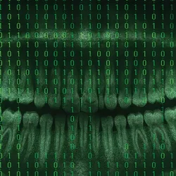 An neon grreen dental x-ray with binary numbers across the page.