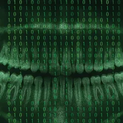 green 1s and 0s in a repeating pattern over an x-ray of a full set of teeth