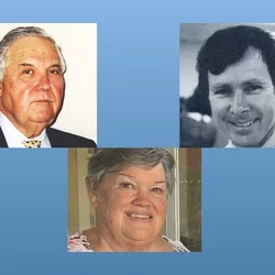 Three headshots on blue background