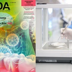 cover of October 2026 JADA issue on left with lab equipment on the right