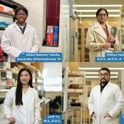 A grid of four researchers in white lab coats