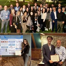 Collage of UCLA orthodontists, including group photo, award presentation, and poster presentation.