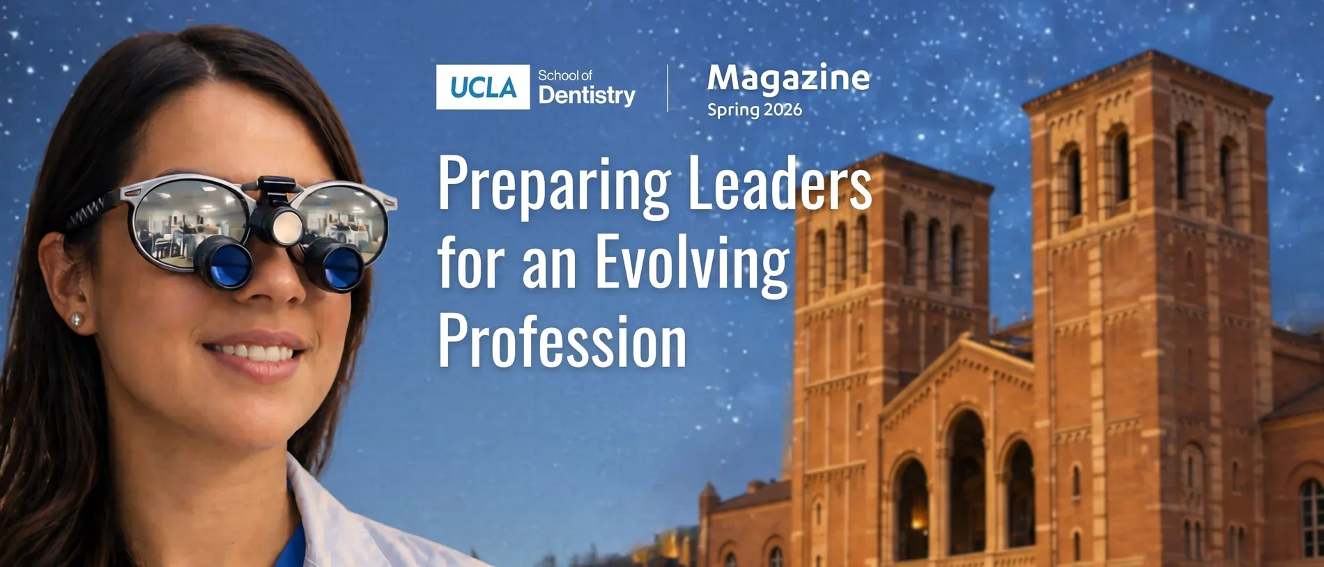 UCLA Dentistry student wearing magnification loupes in front of Royce Hall at dusk, representing advanced dental education and clinical training at UCLA.
