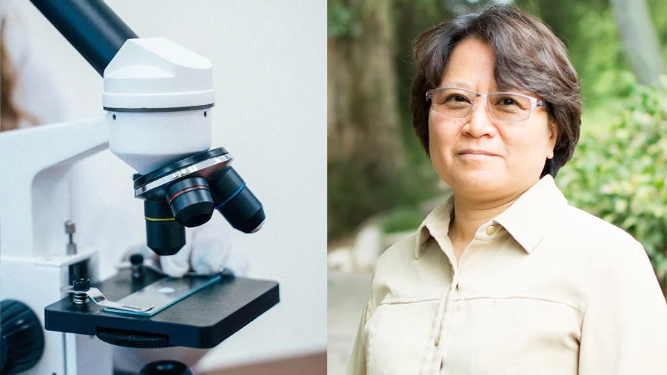 A microscope on left side and Dr. Yi-Ling on the right side of the image.