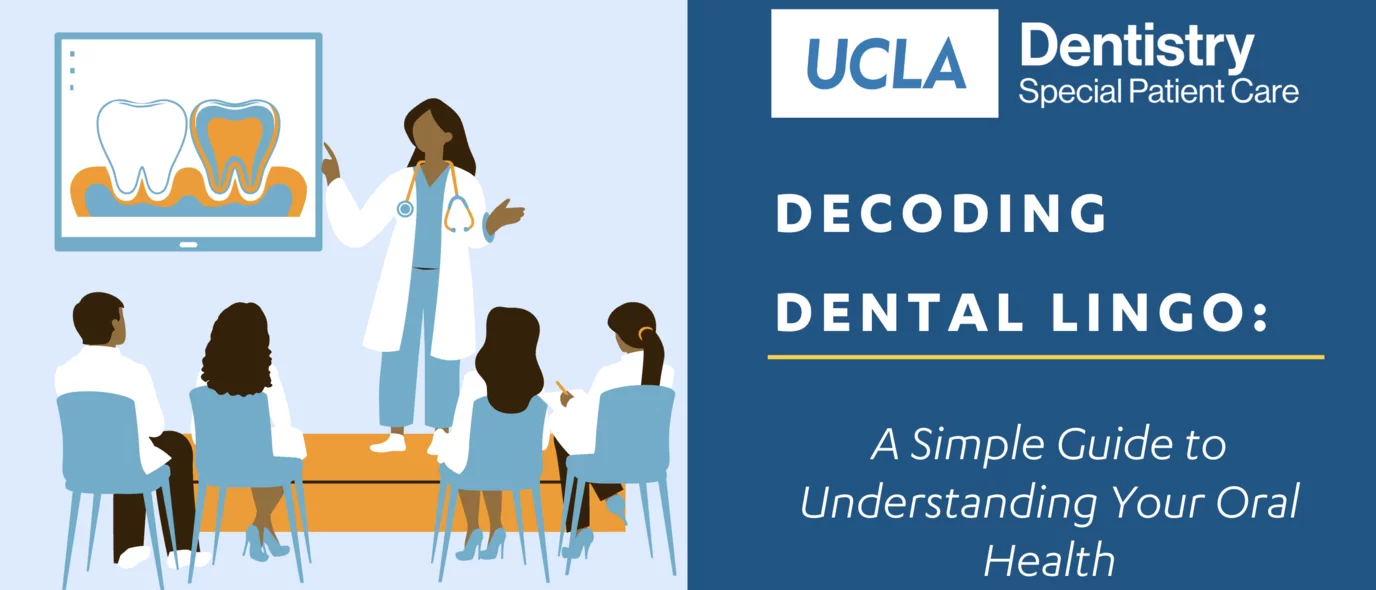 Cartoon of dental students learning from teaching dentist about dental terms