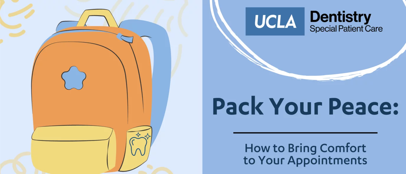 Backpack associated with brochure about packing comfort items for healthcare appointments